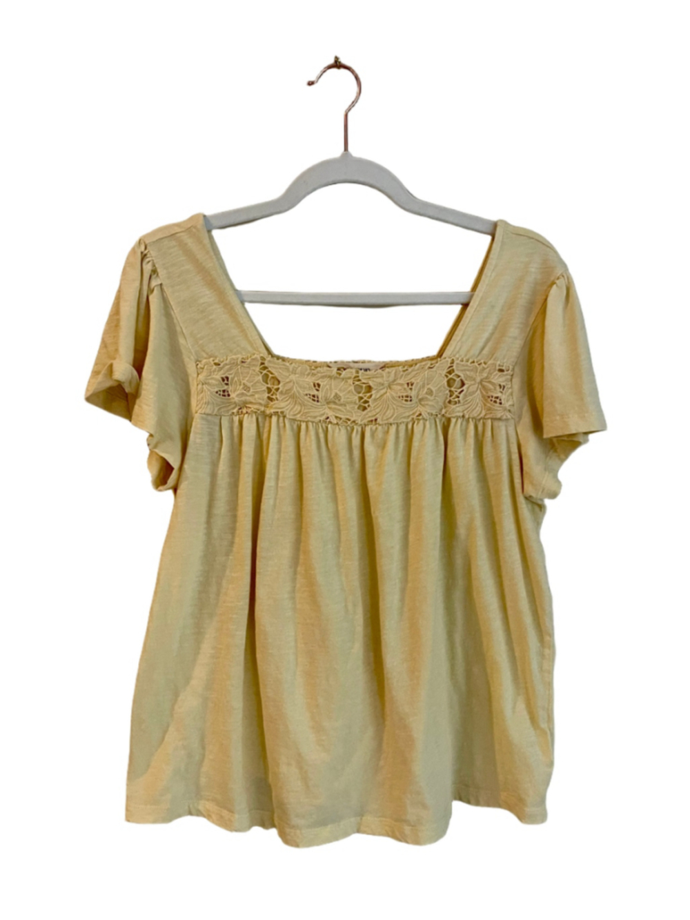 Lucky Brand Women’s Large Yellow Crochet Lace Square Neck Babydoll Boho Top